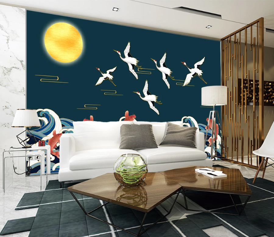 3D Moon Crane Goldfish WC2636 Wall Murals