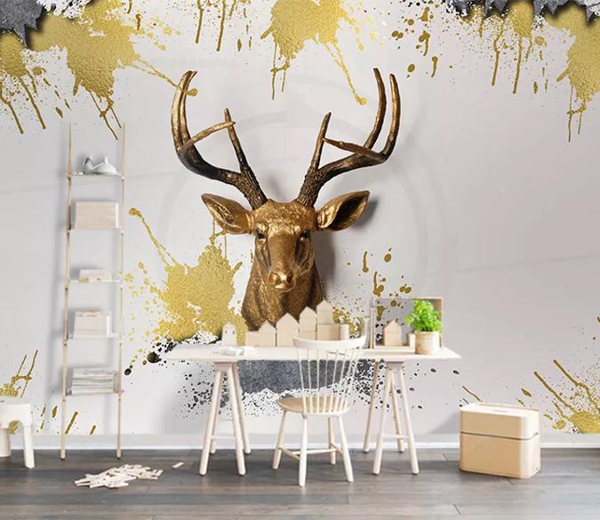 3D Golden Deer Head 277 Wall Murals Wallpaper AJ Wallpaper 2 