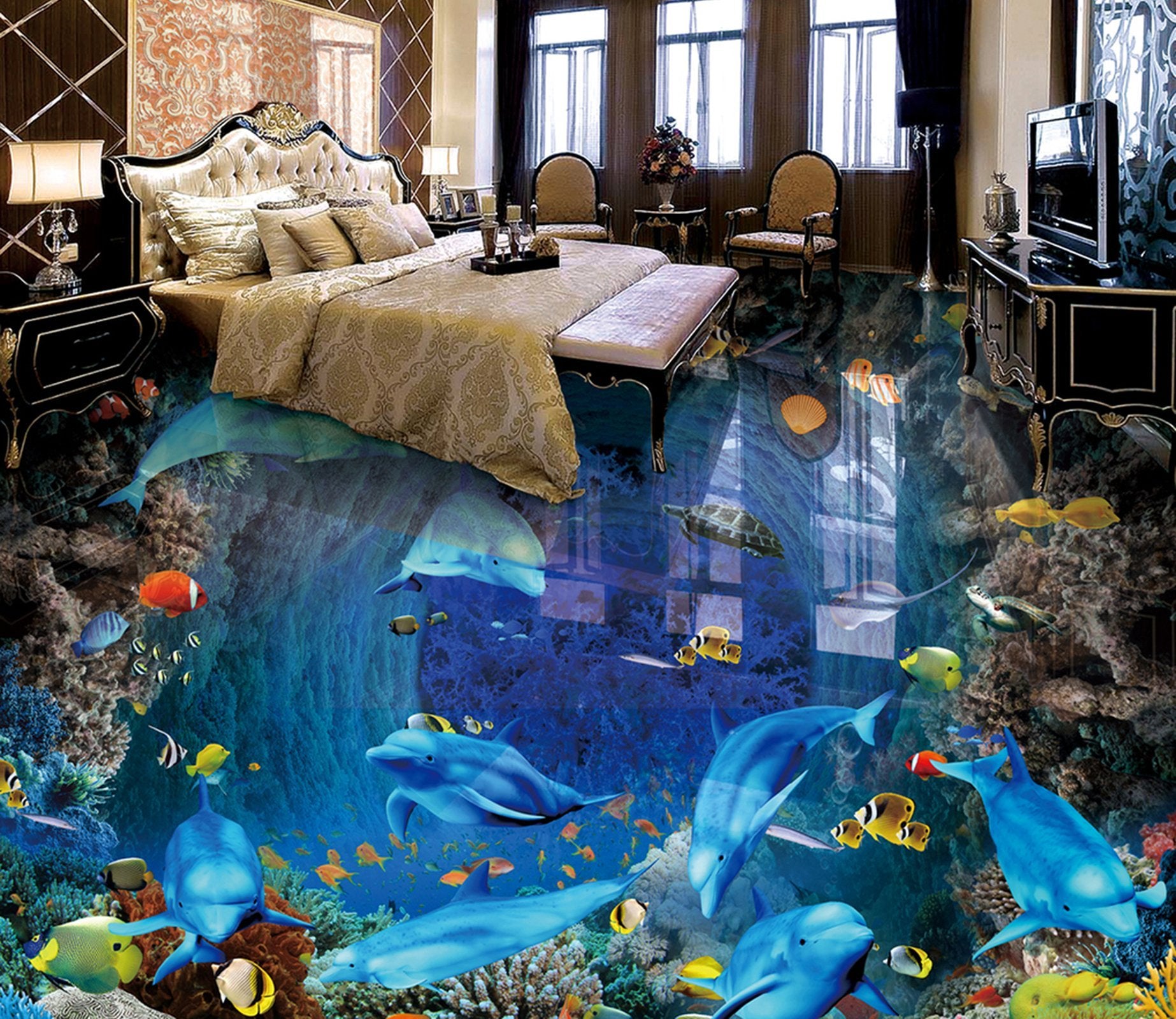 3D Cute Dolphin WG601 Floor Mural Wallpaper AJ Wallpaper 2 