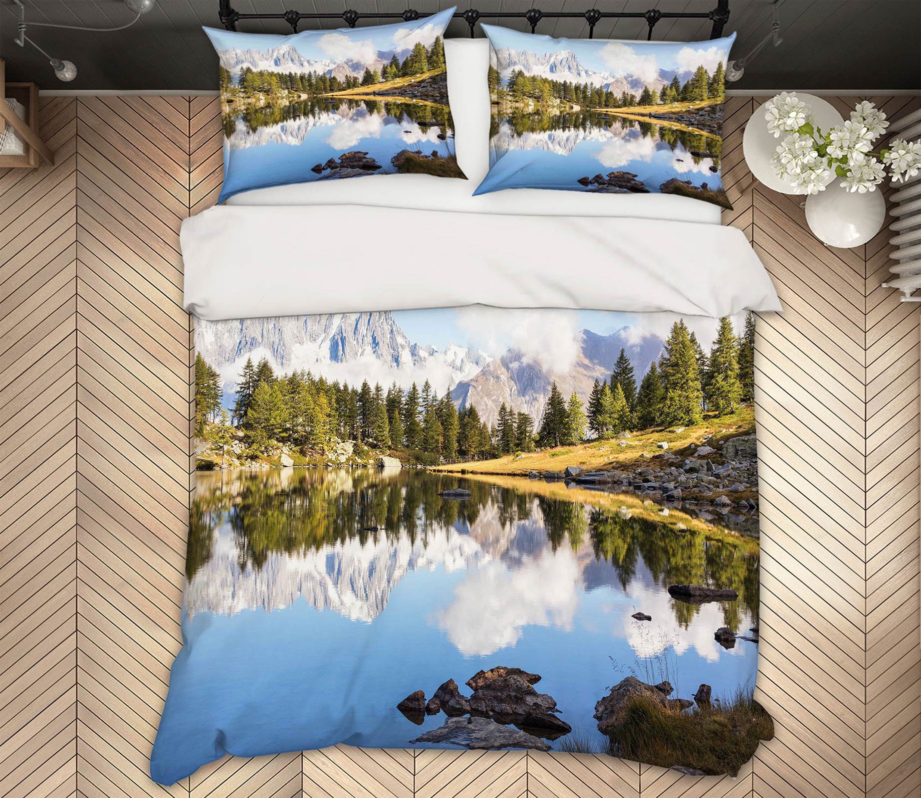 3D Trees Lake 67134 Bed Pillowcases Quilt