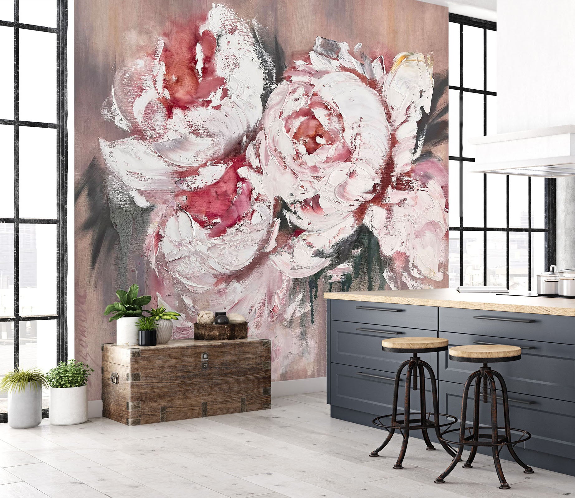 3D Pink Painted Flowers 3105 Skromova Marina Wall Mural Wall Murals