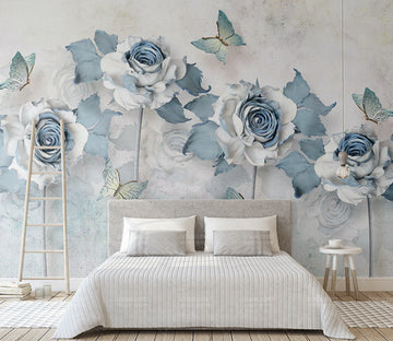 3D Blue Rose Butterfly WG007 Wall Murals