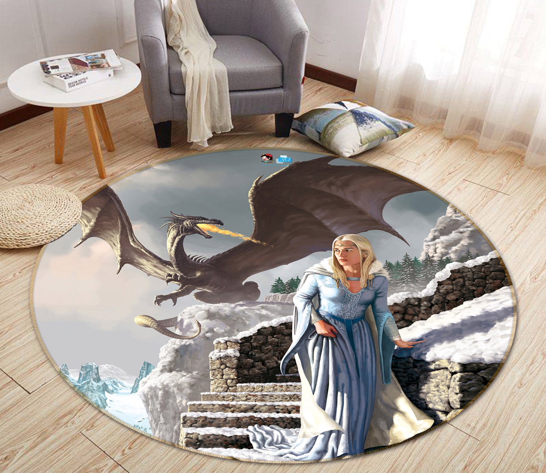 3D Dragon Stone Stairs People 6095 Ciruelo Rug Round Non Slip Rug Mat