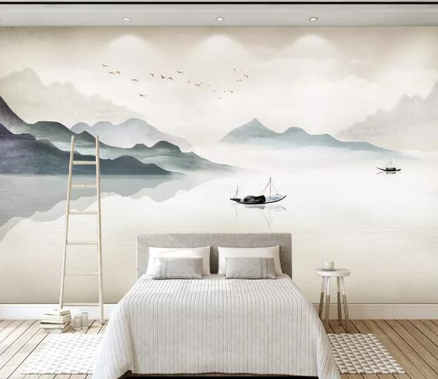 3D Lake Boat Mountain WC1764 Wall Murals