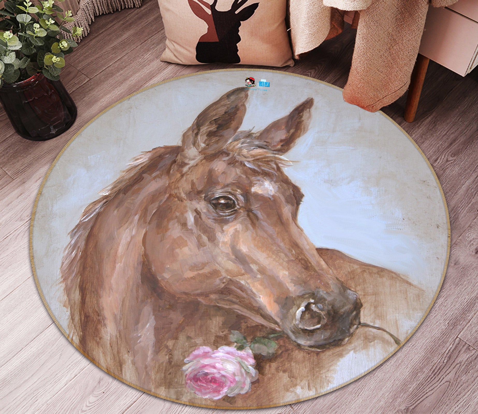 3D Horse With Rose 1170 Debi Coules Rug Round Non Slip Rug Mat