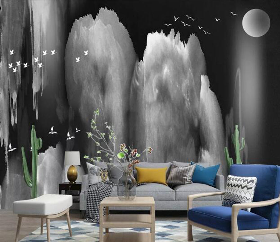 3D Moon Bird Flock WC1859 Wall Murals