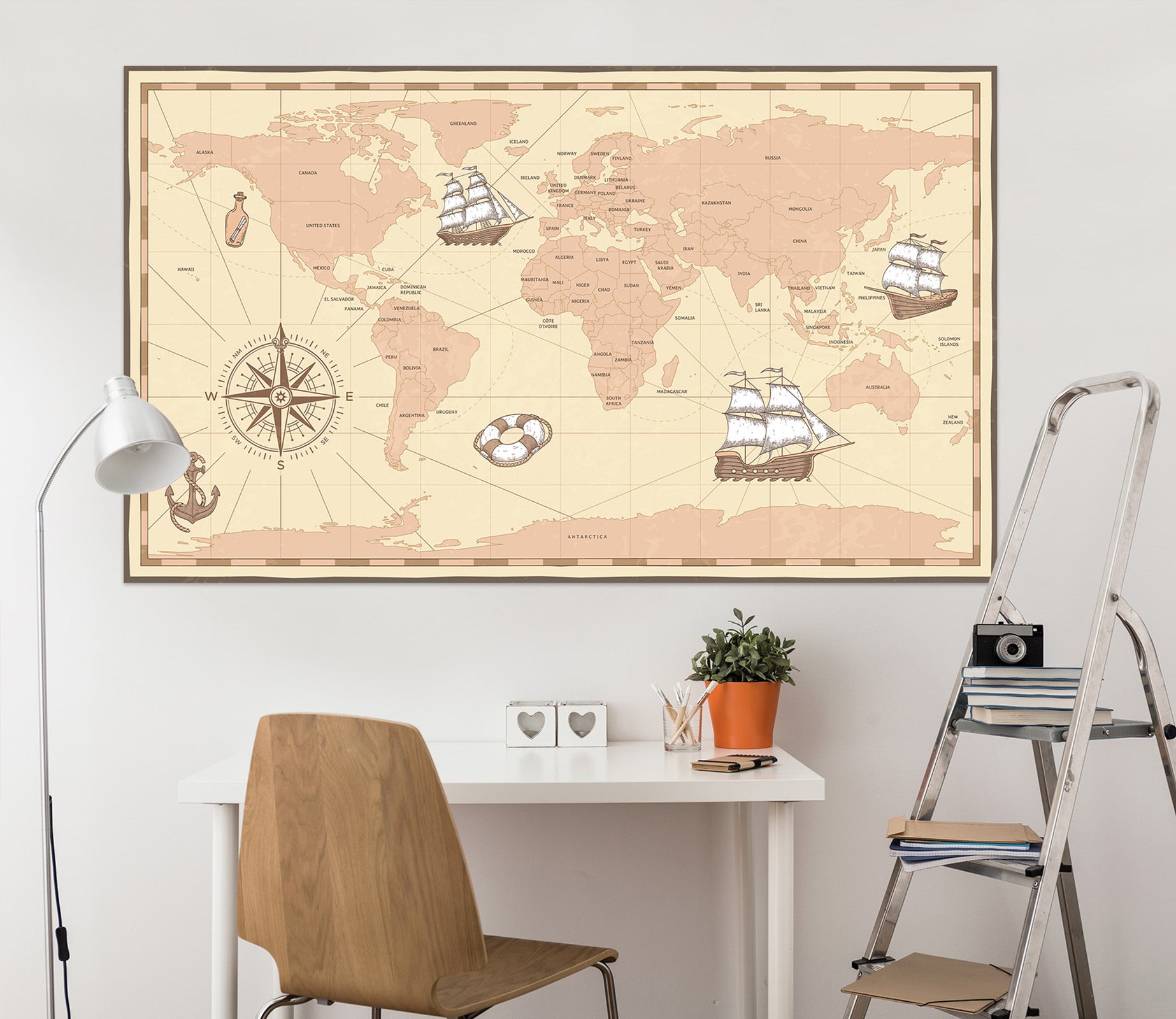 3D Sailing Ship 101 World Map Wall Sticker