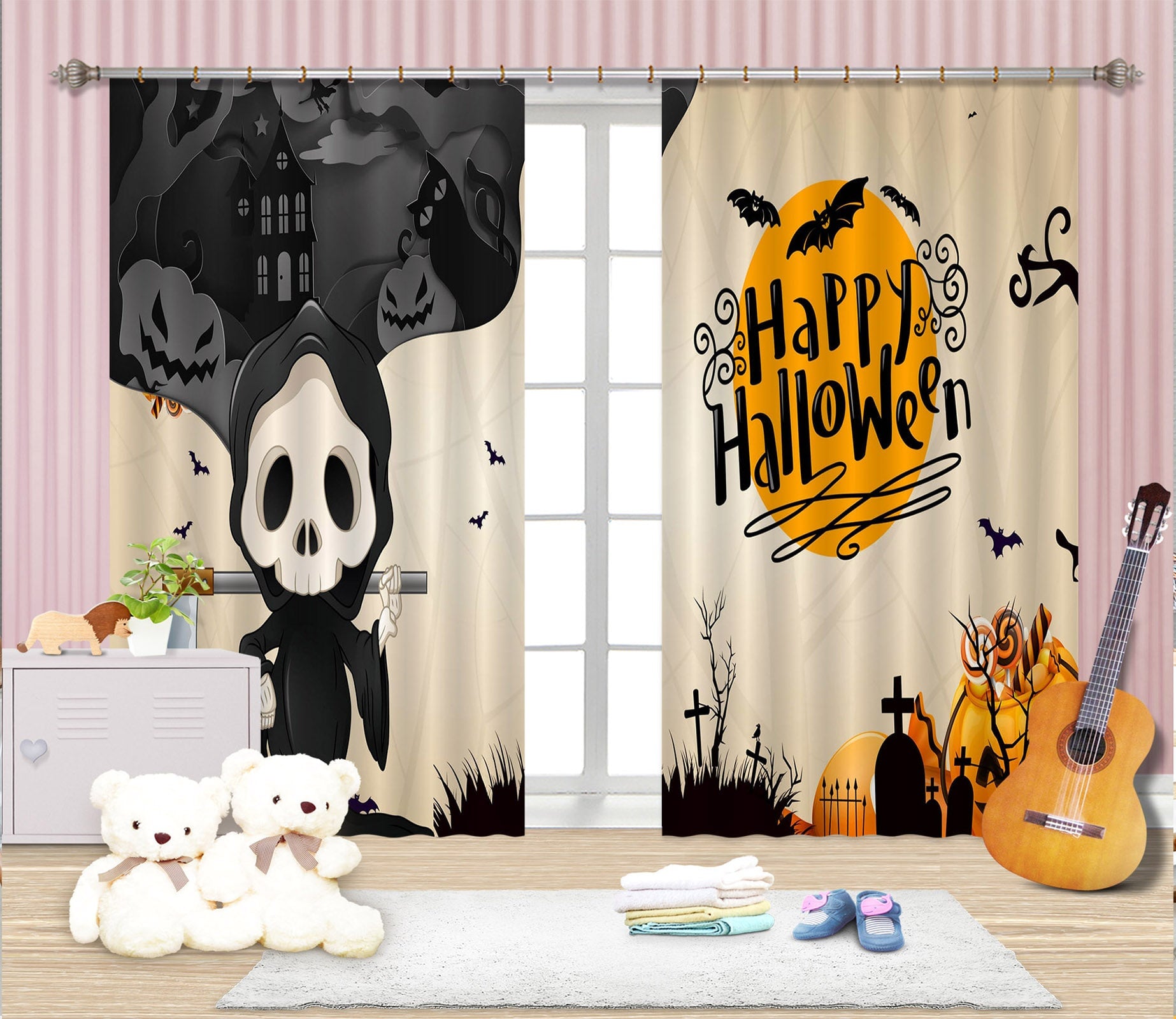 3D Cartoon Sickle Pumpkin 039 Halloween Curtains Drapes Curtains AJ Creativity Home 