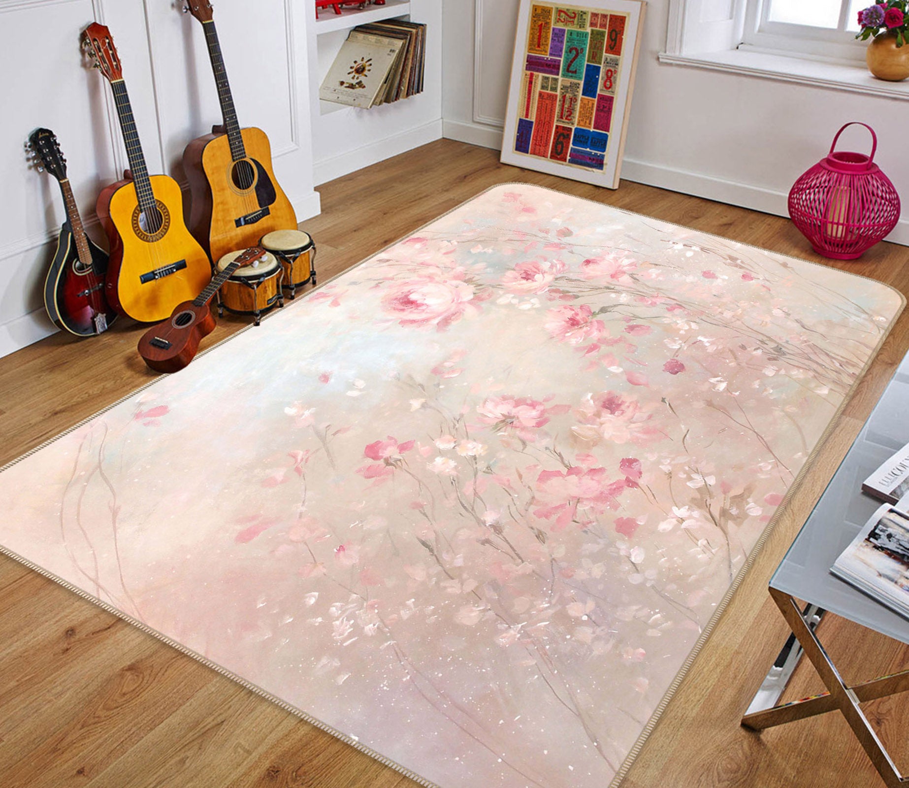 3D Pink Flowers 1003 Debi Coules Rug Non Slip Rug Mat