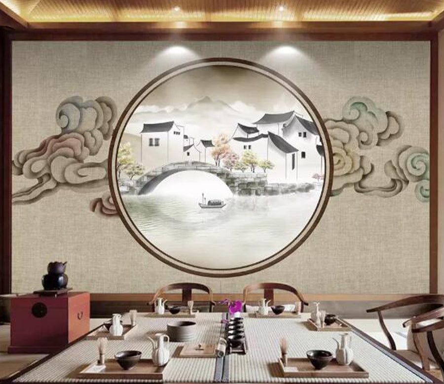 3D Bridge Boat River WC2309 Wall Murals