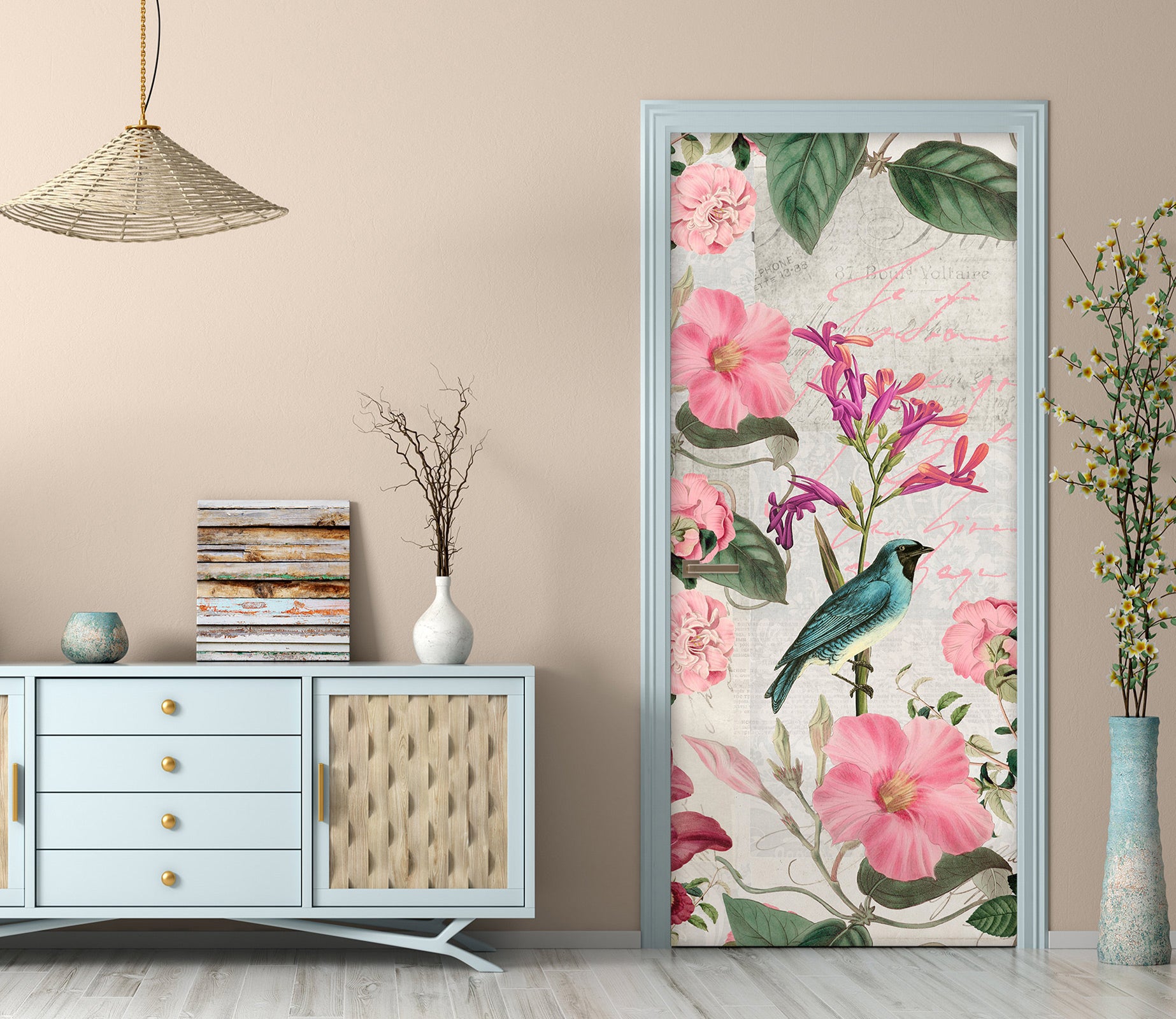 3D Pink Flower Bird 11882 Andrea Haase Door Mural