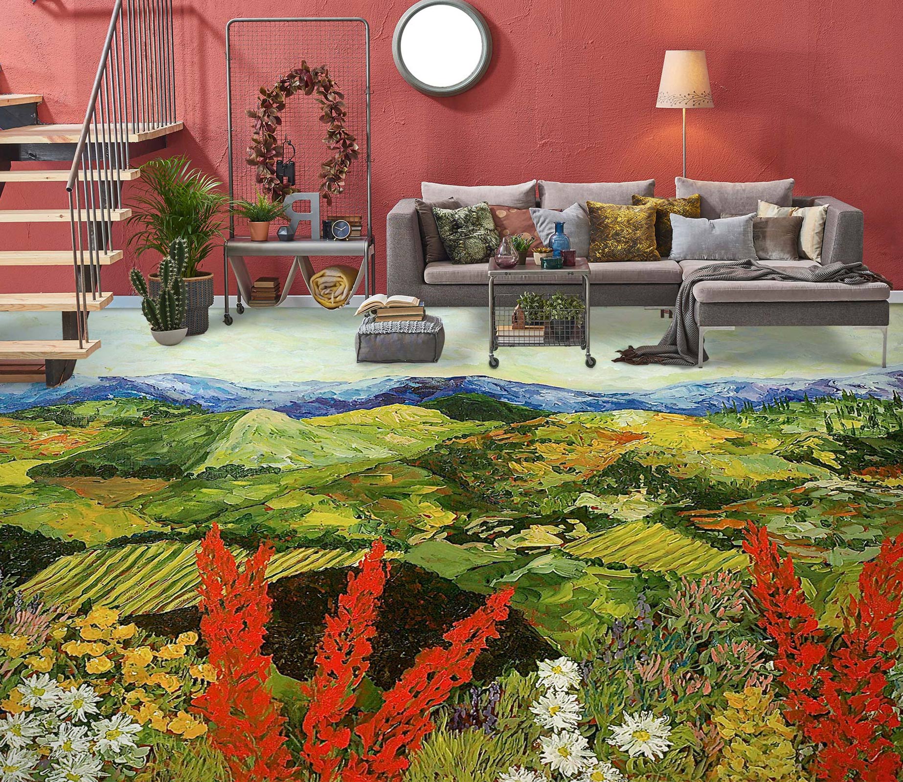 3D Green Hillside Red Flowers 9542 Allan P. Friedlander Floor Mural  Wallpaper Murals Self-Adhesive Removable Print Epoxy