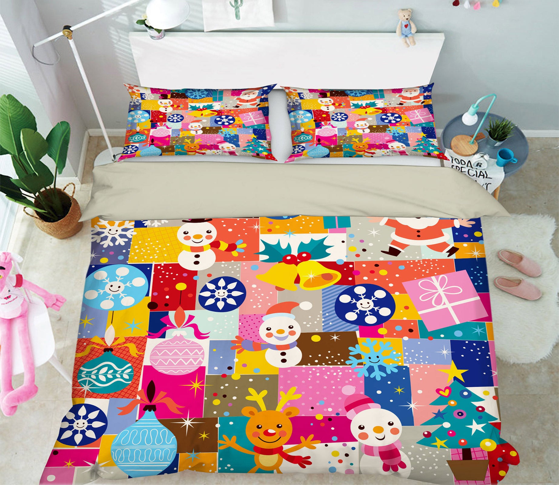 3D Colored Square Snowman 52114 Christmas Quilt Duvet Cover Xmas Bed Pillowcases