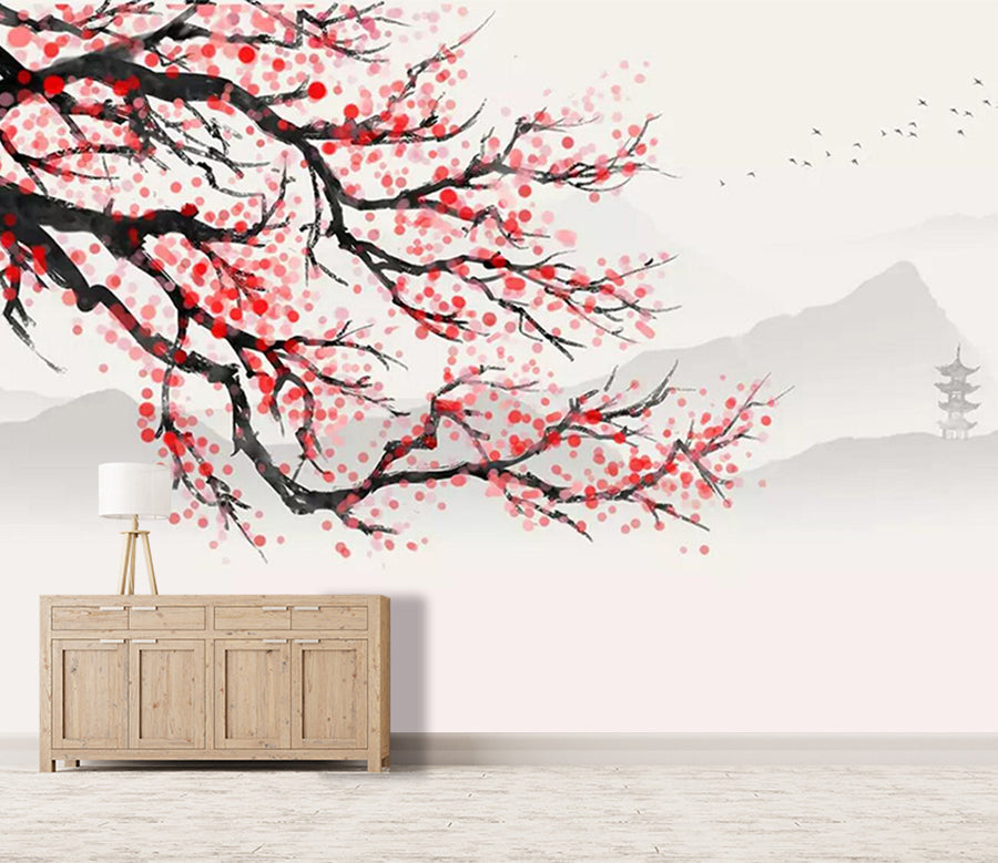 3D Temple Red Plum WC795 Wall Murals