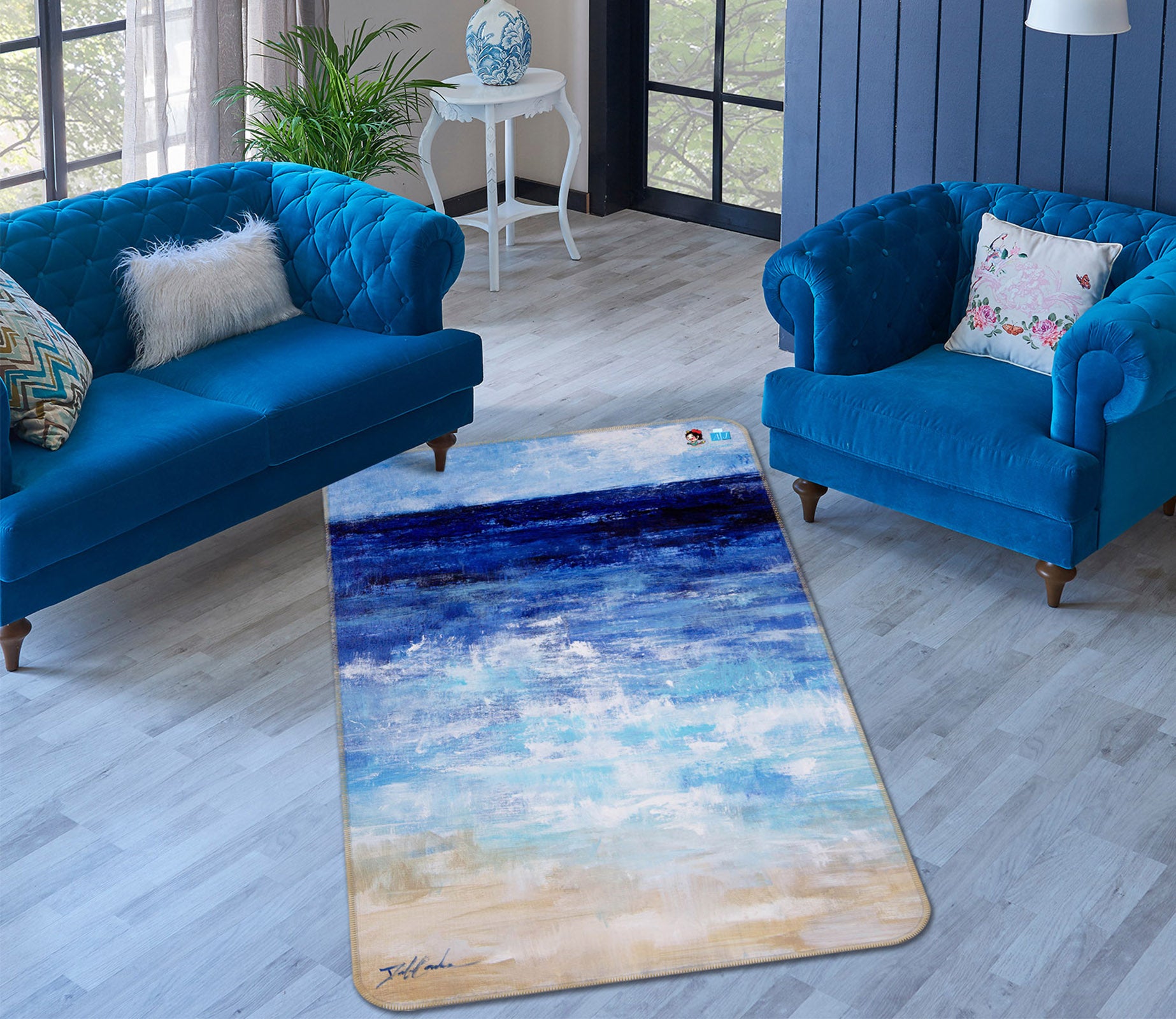 3D Ocean Blue 0183 Debi Coules Rug Non Slip Rug Mat