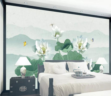 3D White Lotus Dragonfly WC2189 Wall Murals