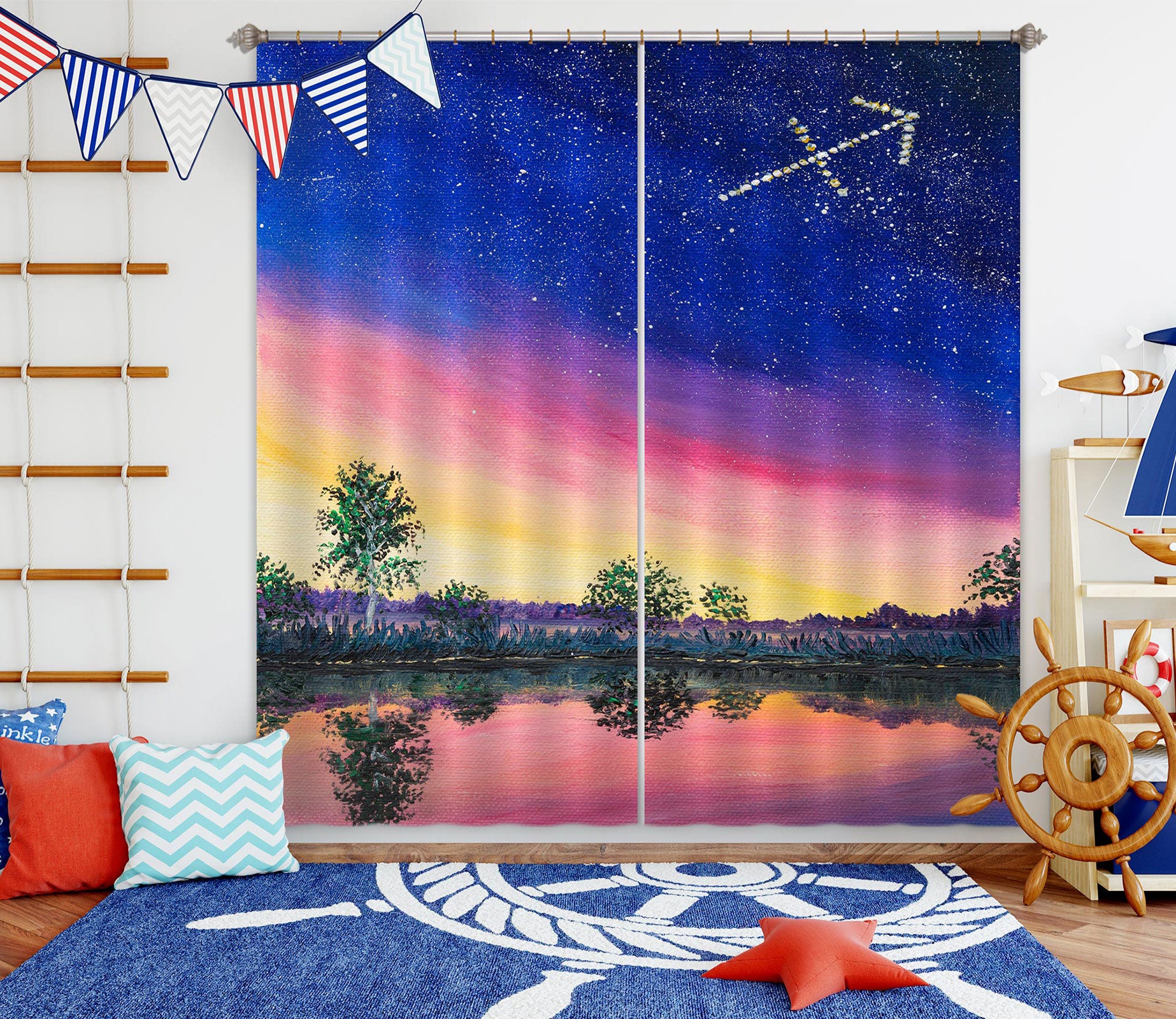 3D Starry Sky Lakeside Tree 1721 Marina Zotova Curtain Curtains Drapes