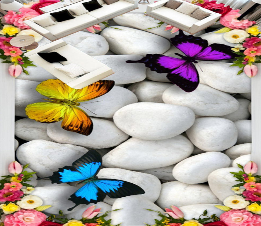 3D Butterfly Pebbles 375 Floor Mural  Wallpaper Murals Rug & Mat Print Epoxy waterproof bath floor