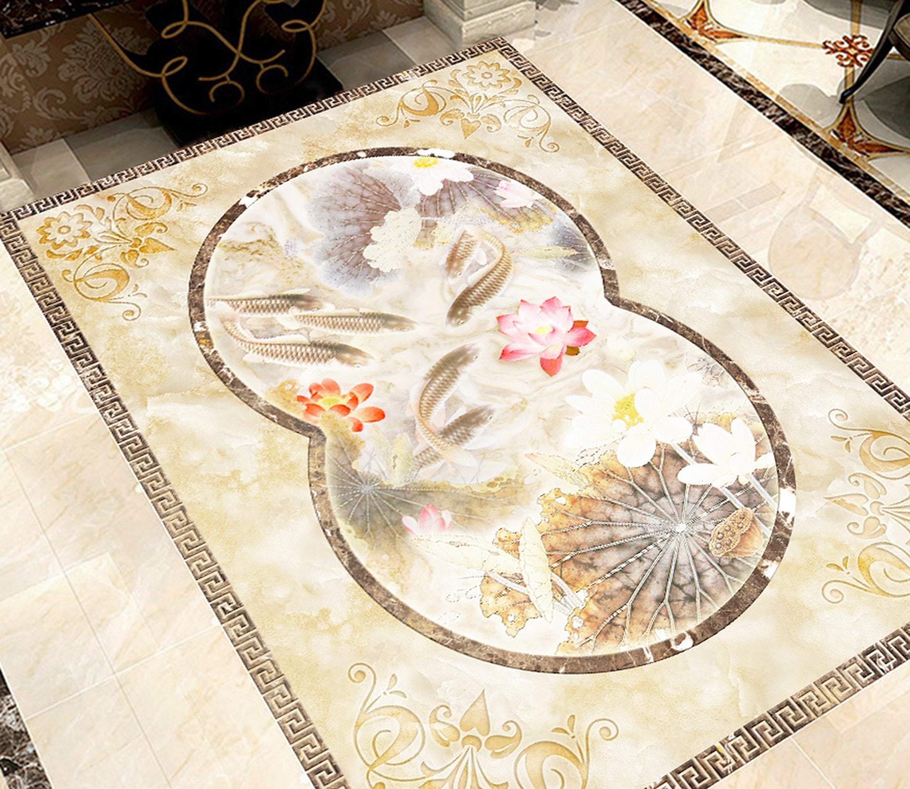 3D Lotus Goldfish WG122 Floor Mural Wallpaper AJ Wallpaper 2 