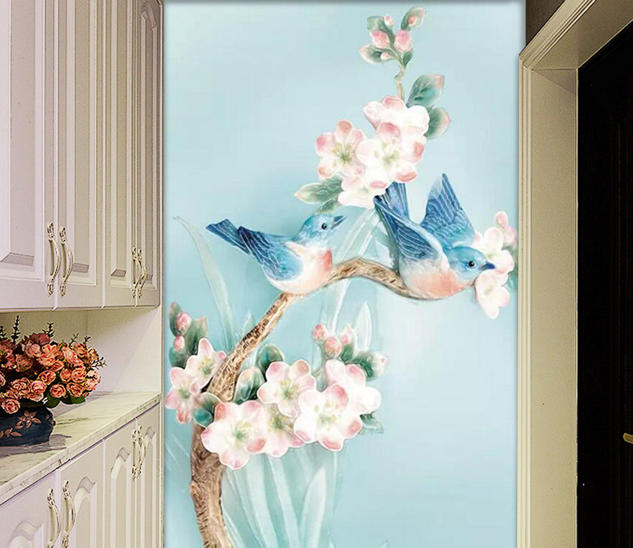 3D Blue Bird Plum WC817 Wall Murals