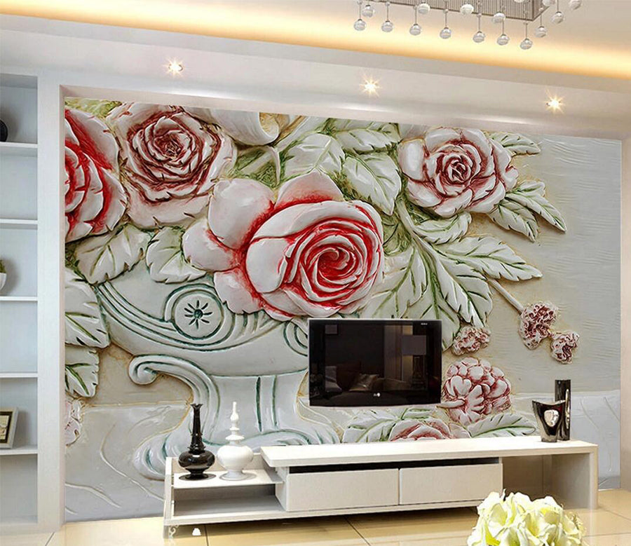 3D White Vase Roses WC723 Wall Murals