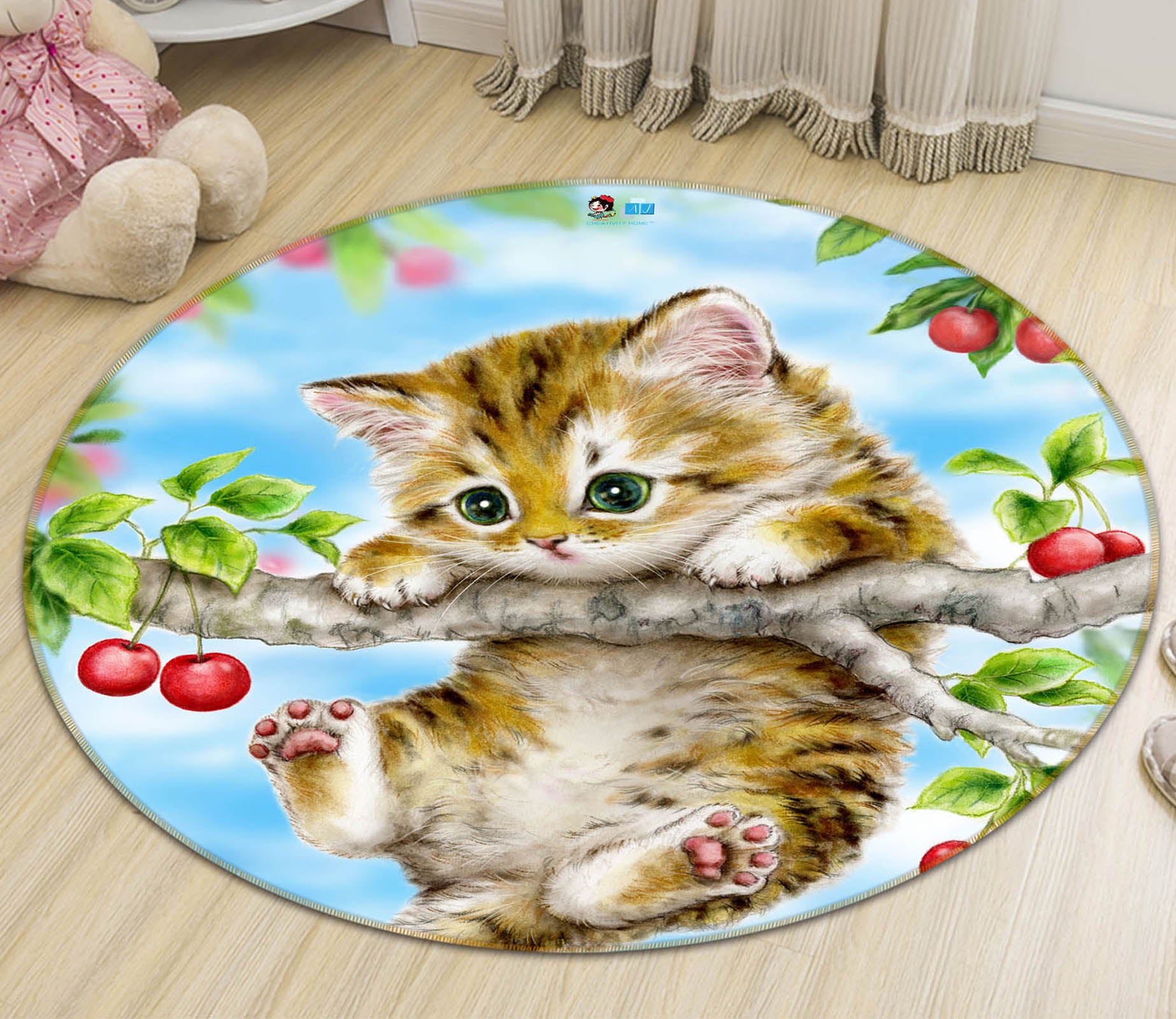 3D Cherry Cat Butterfly 6018 Kayomi Harai Rug Round Non Slip Rug Mat