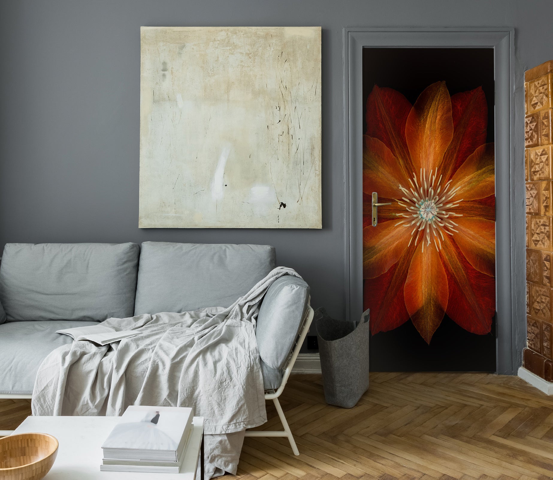 3D Red-Orange Flowers 10633 Assaf Frank Door Mural