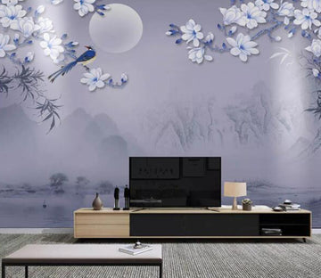 3D Moon Blue Bird WC1719 Wall Murals