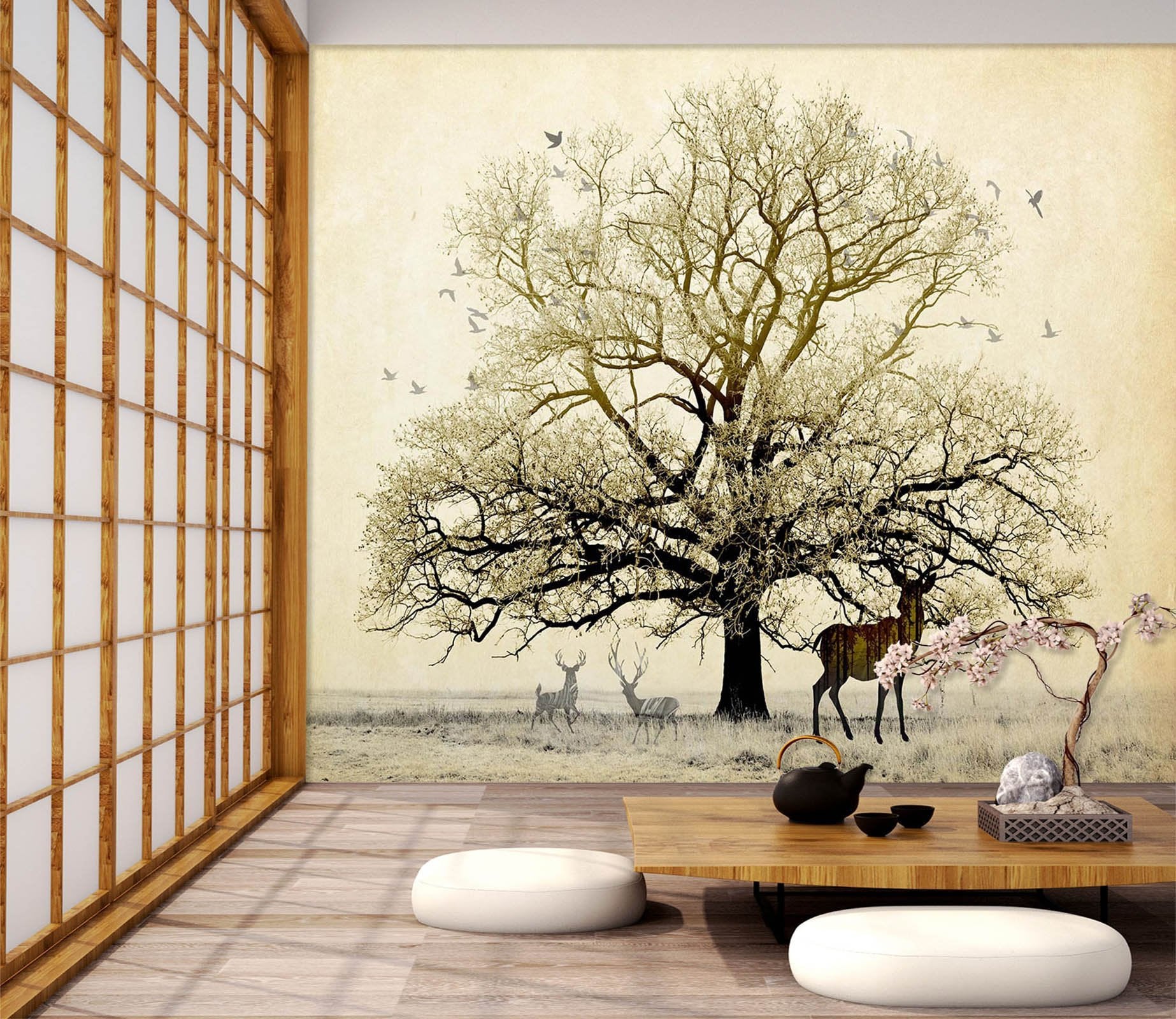 3D Big Tree Deer Shadow 485 Wallpaper AJ Wallpaper 2 