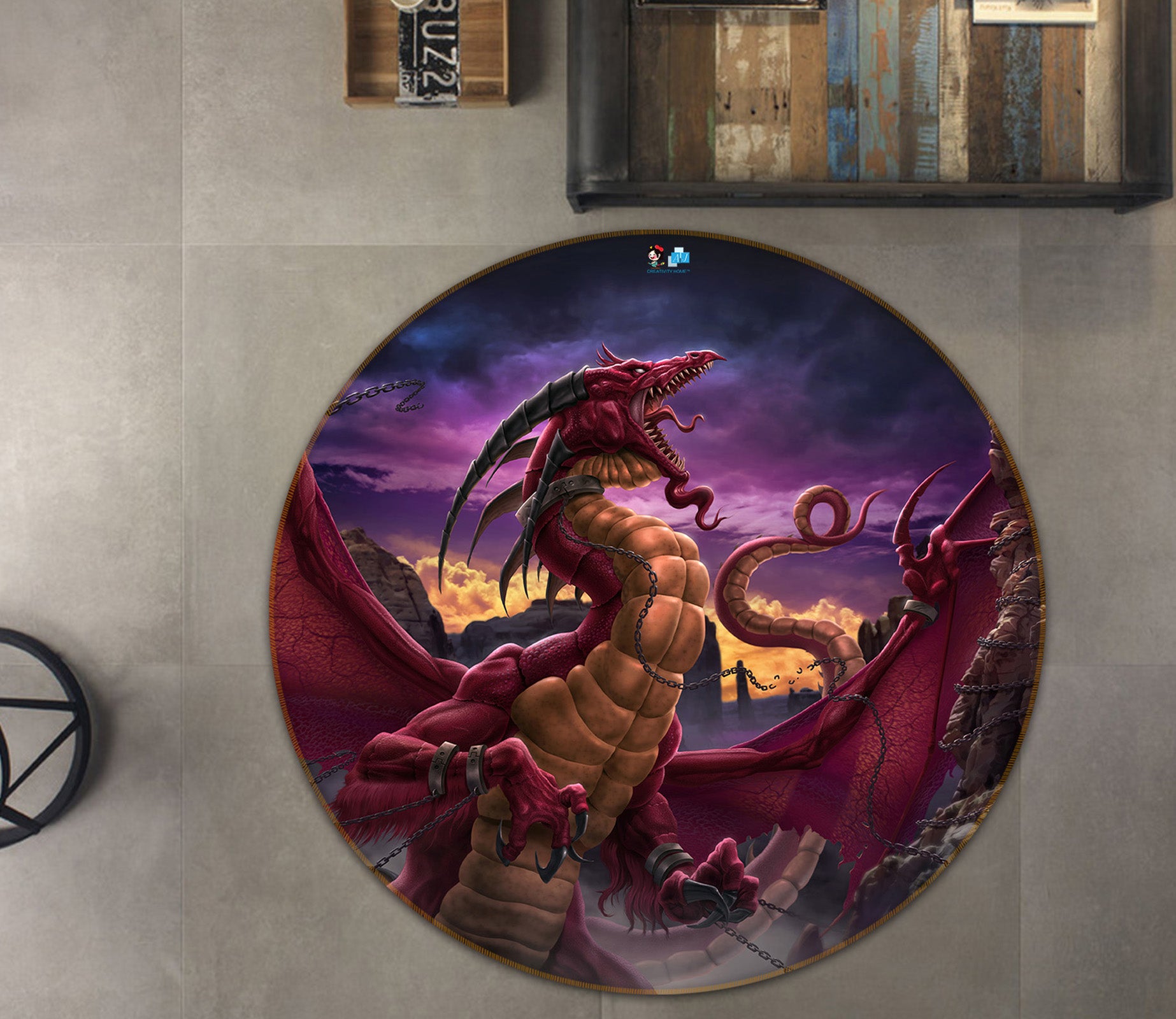 3D Red Purple Dragon 4160 Tom Wood Rug Round Non Slip Rug Mat