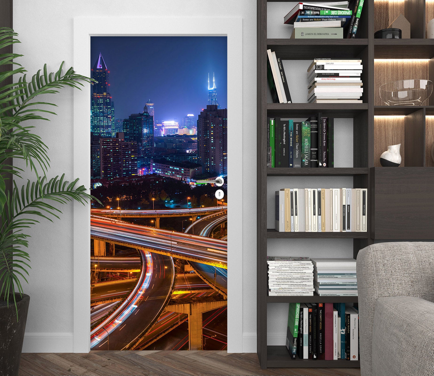 3D City High-Rise Night Highway 119108 Marco Carmassi Door Mural