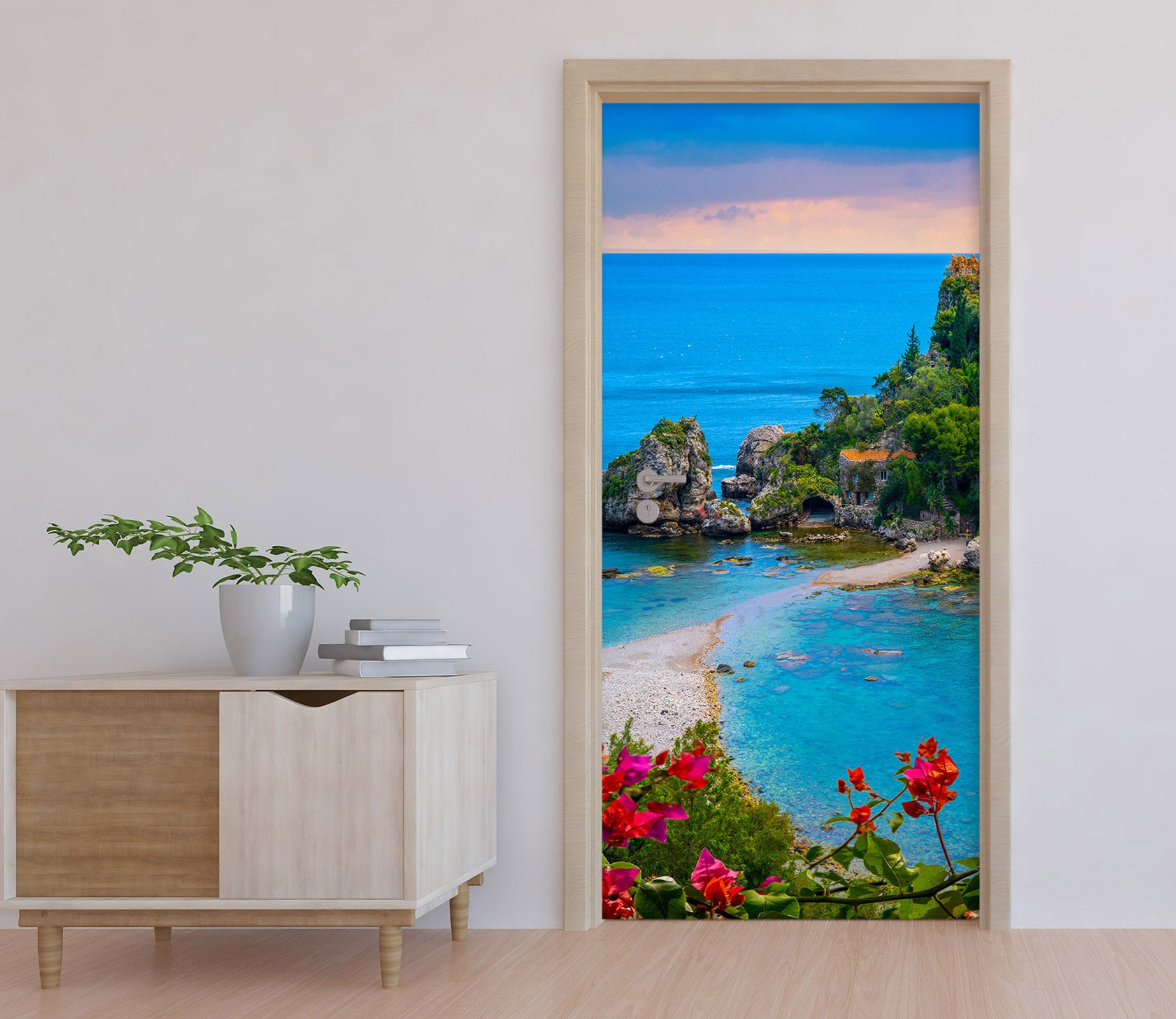 3D Ocean Red Flowers 12296 Marco Carmassi Door Mural