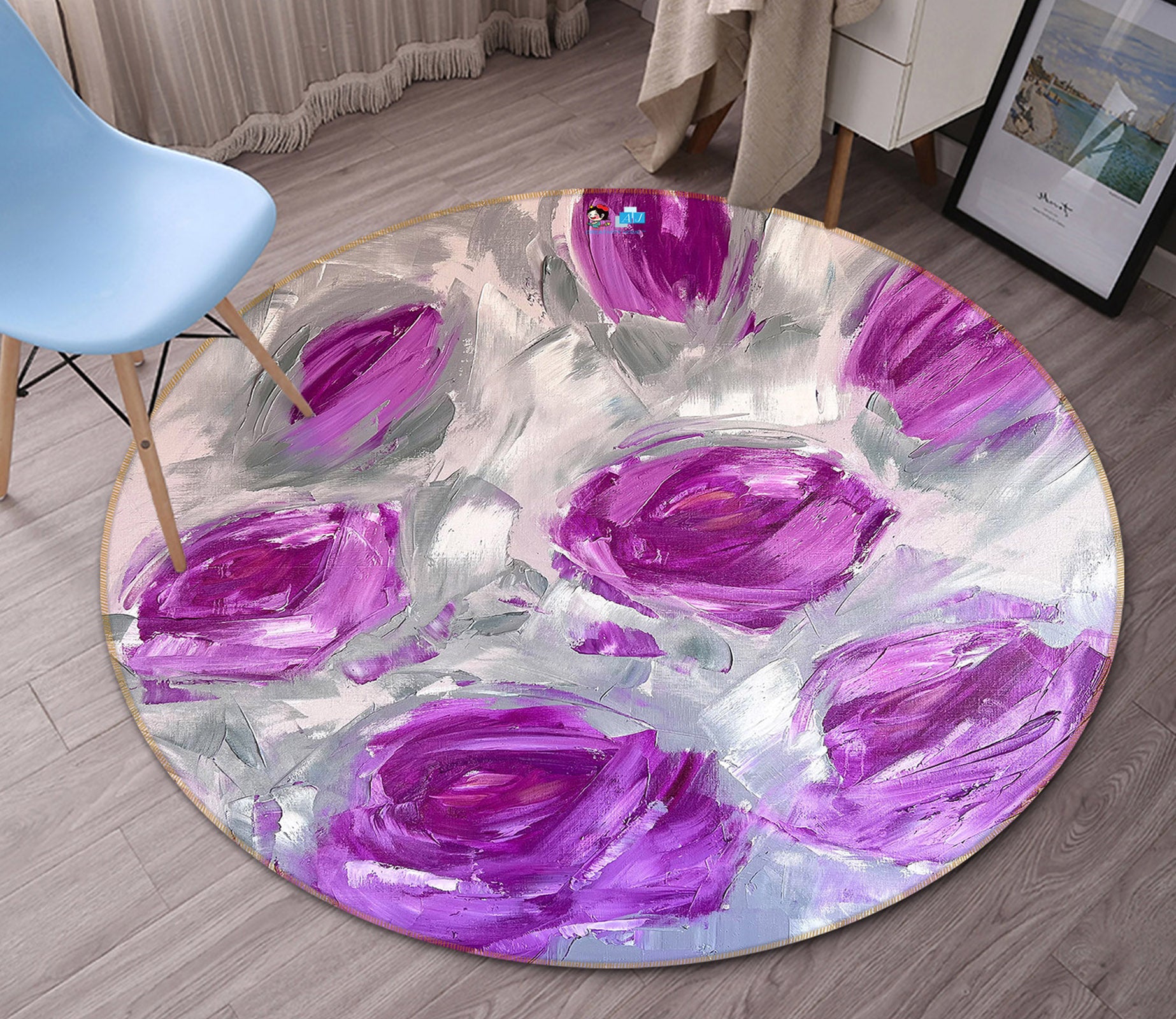 3D Purple Rose 3893 Skromova Marina Rug Round Non Slip Rug Mat