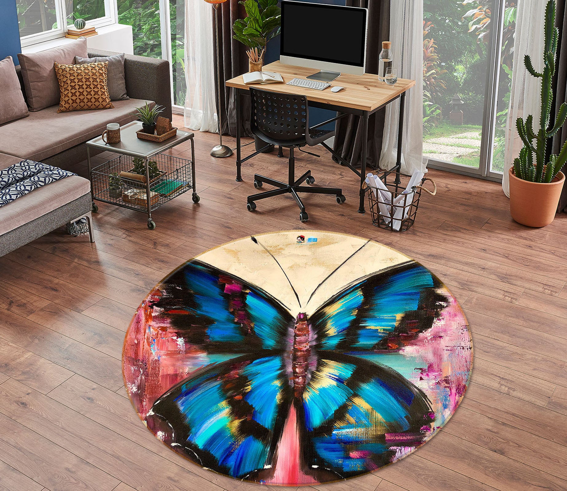 3D Blue Butterfly 915 Skromova Marina Rug Round Non Slip Rug Mat