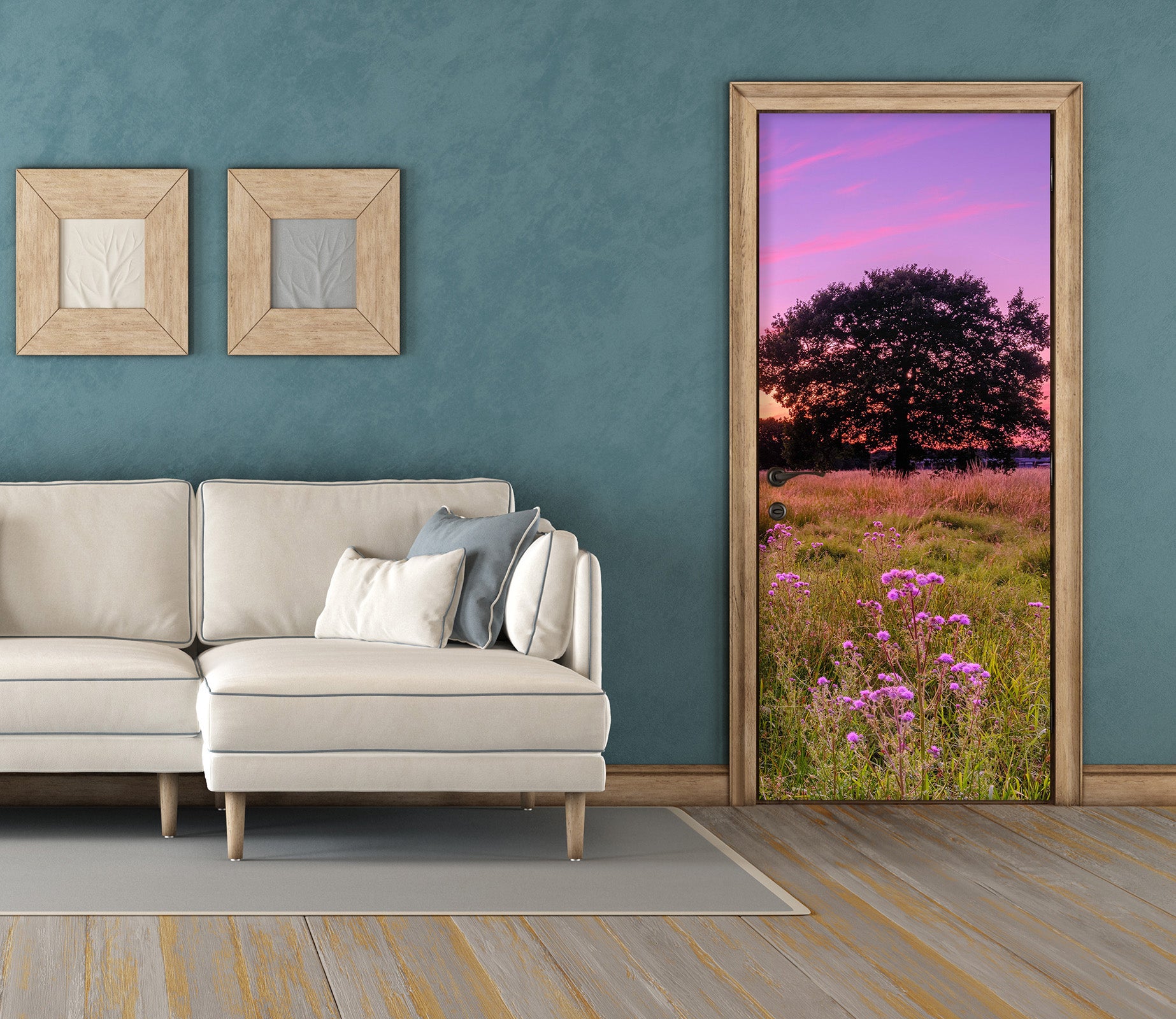 3D Purple Sky Tree Grass Flowers 101223 Assaf Frank Door Mural