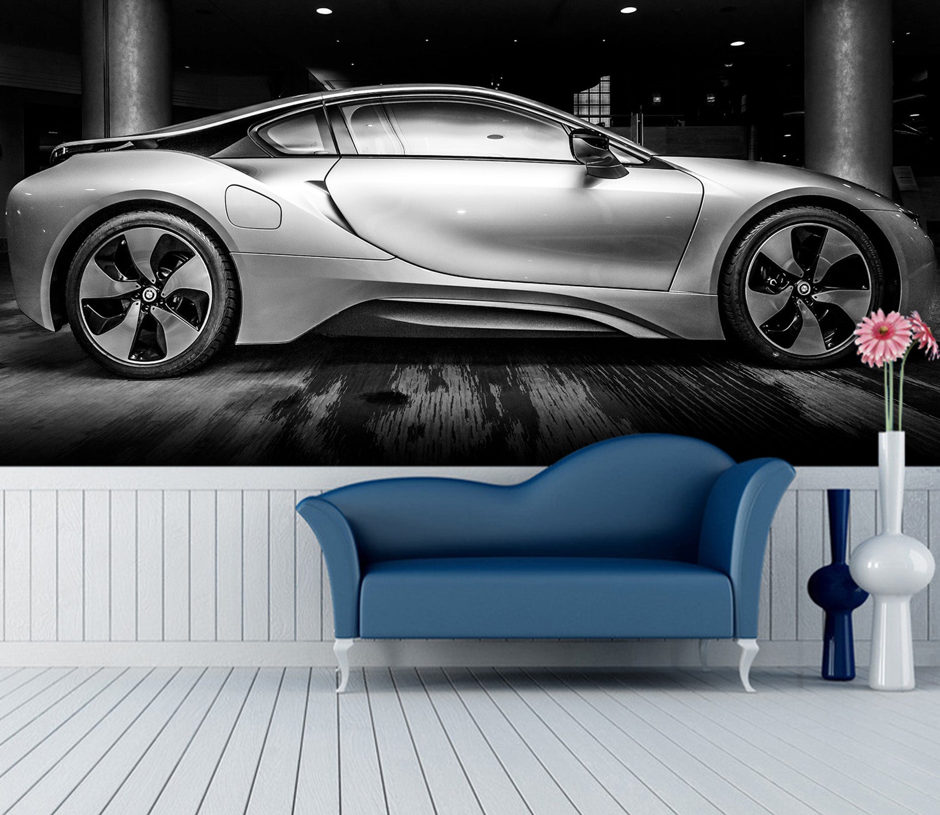 3D Silver Sports Car 310 Vehicle Wall Murals