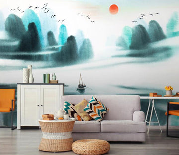 3D Green Mountain Red Sun 650 Wall Murals