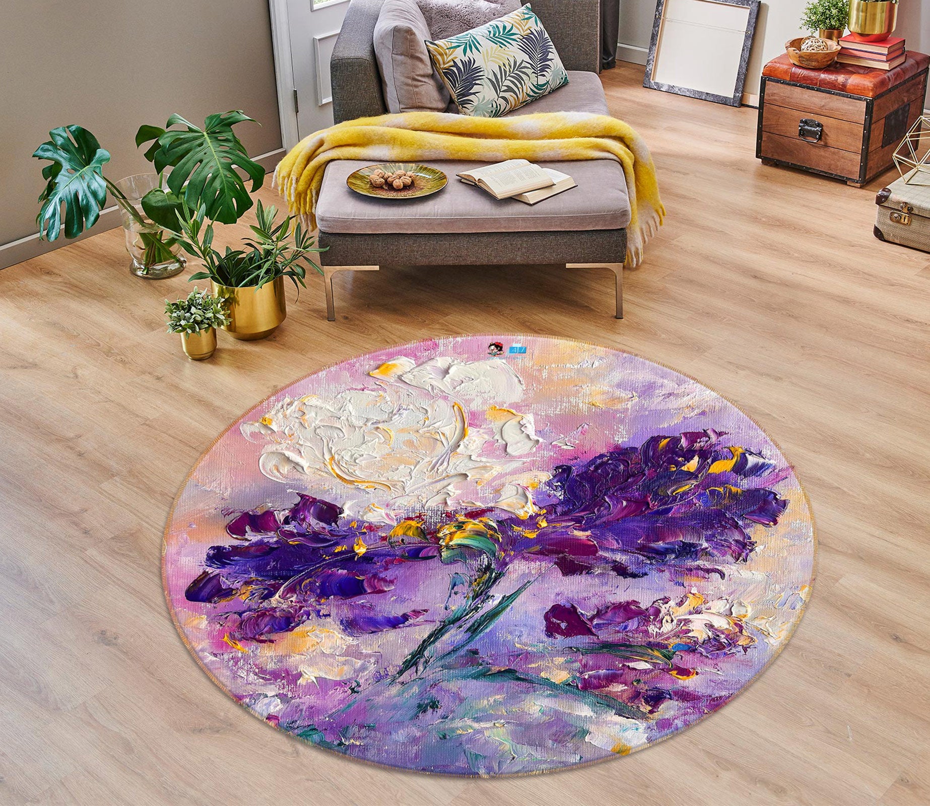 3D Purple Flower 806 Skromova Marina Rug Round Non Slip Rug Mat