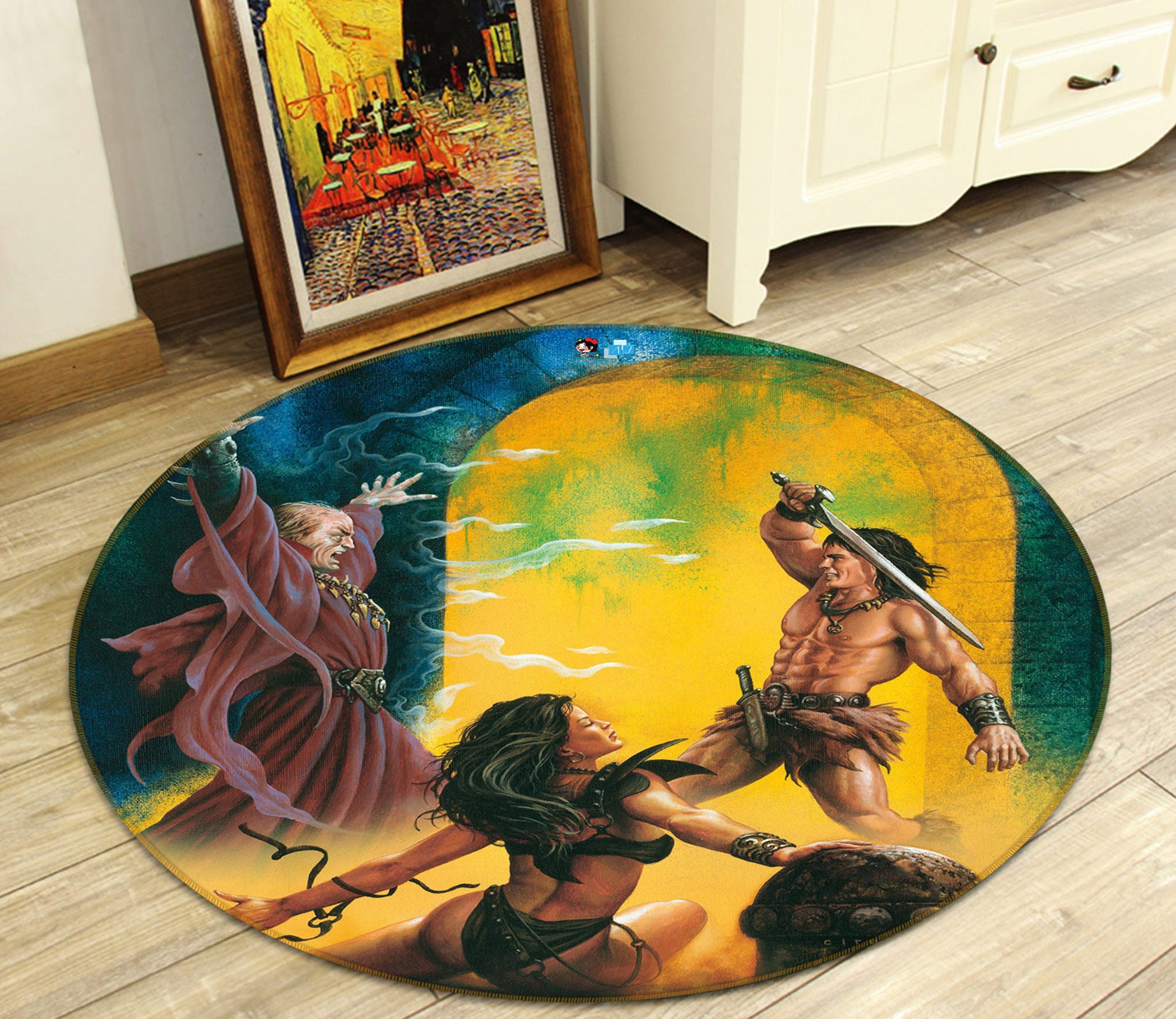 3D Arch Fighting People 6078 Ciruelo Rug Round Non Slip Rug Mat