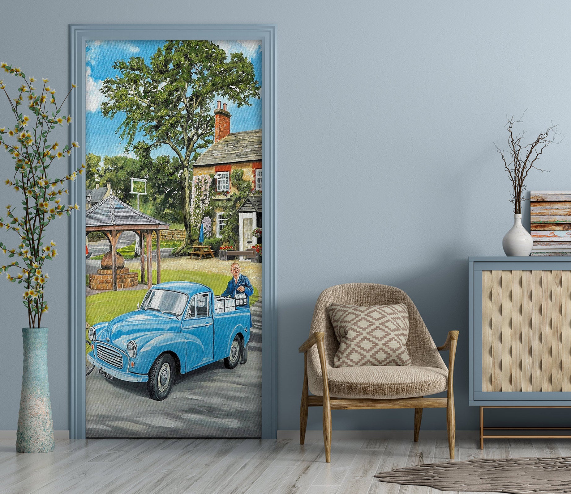 3D Village Blue Car 103197 Trevor Mitchell Door Mural