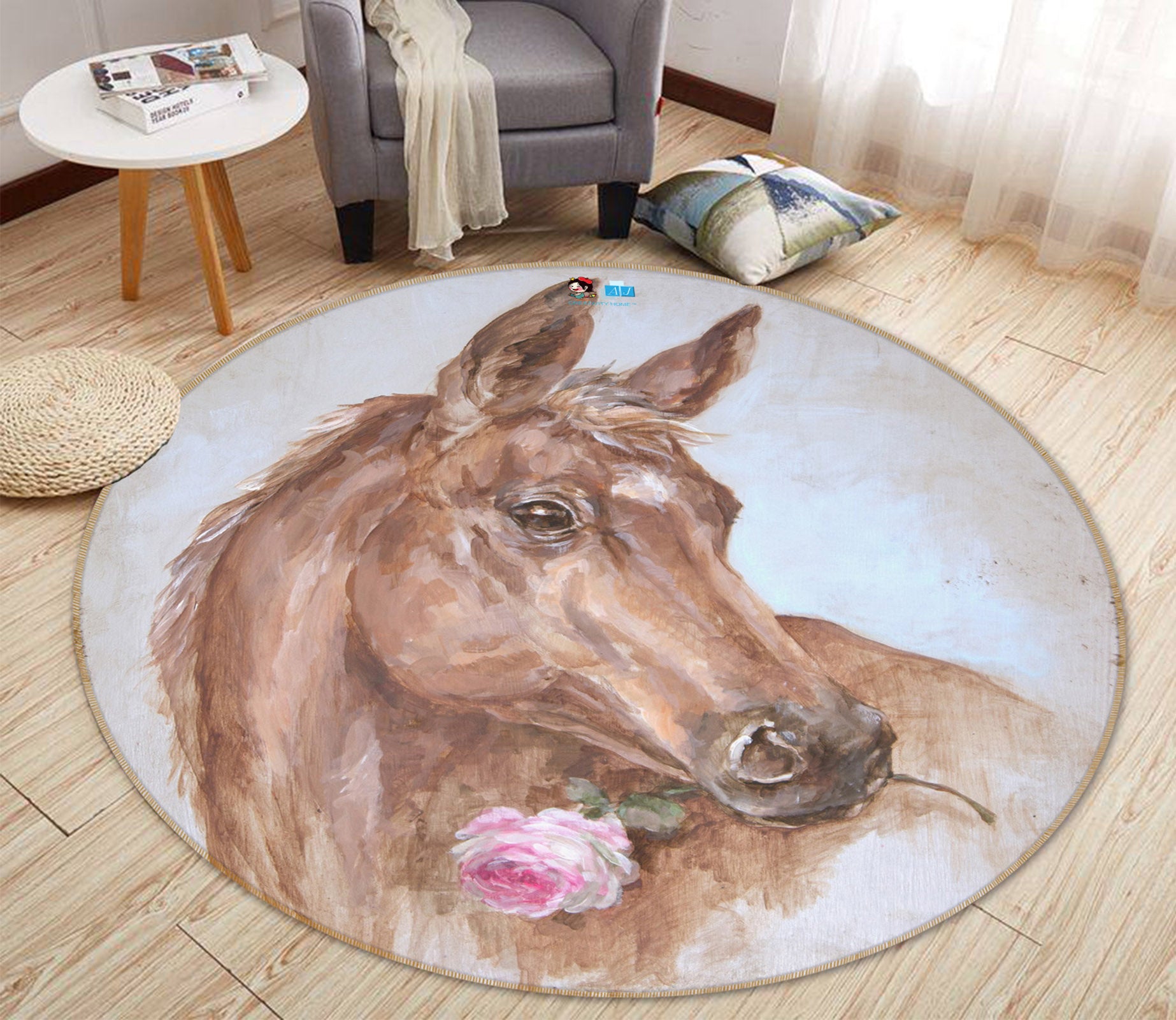 3D Horse With Flowers 1095 Debi Coules Rug Round Non Slip Rug Mat