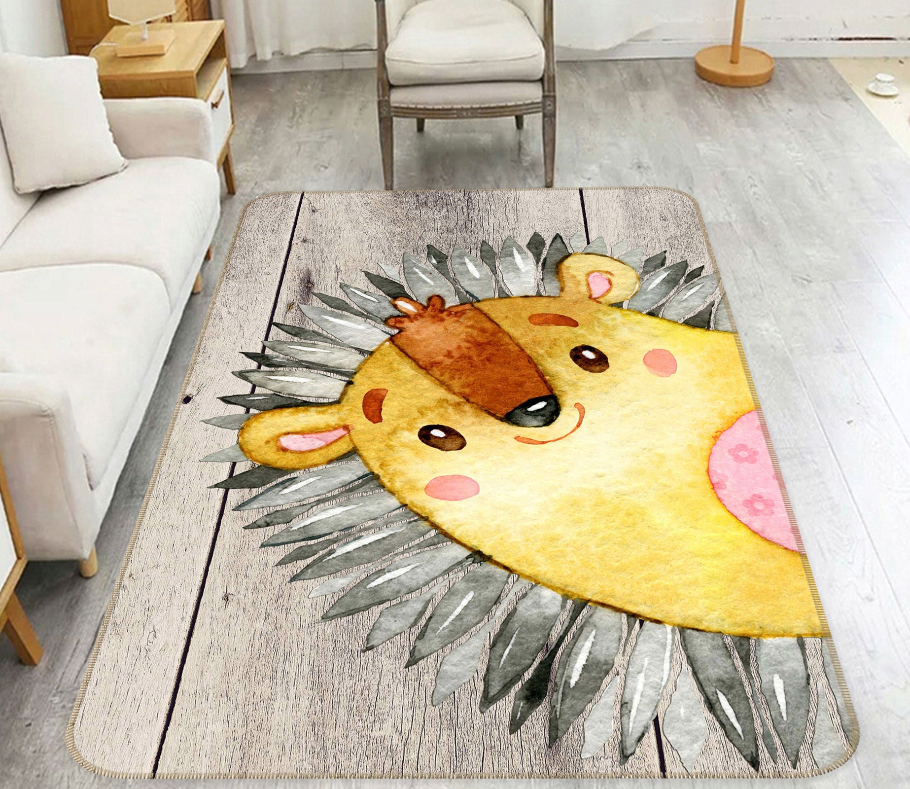 3D Yellow Hedgehog 135 Uta Naumann Rug Non Slip Rug Mat