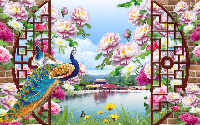 3D Window Flowers Peacock Wallpaper AJ Wallpaper 1 