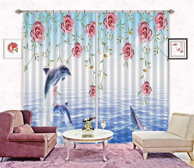 3D Sea Dolphins Flowers Vines Curtains Drapes Wallpaper AJ Wallpaper 