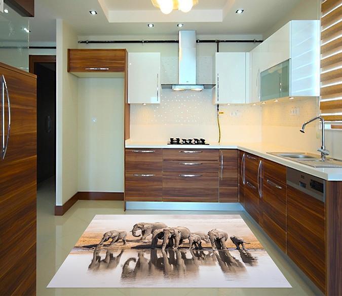 3D Elephants Lake 634 Kitchen Mat Floor Mural Wallpaper AJ Wallpaper 