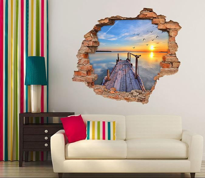 3D Sea Wooden Bridge Sunset 226 Broken Wall Murals Wallpaper AJ Wallpaper 