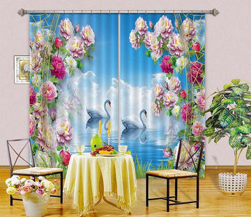 3D Flowers Sea Swans Curtains Drapes Wallpaper AJ Wallpaper 