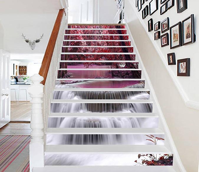 3D River Falls Red Trees 893 Stair Risers Wallpaper AJ Wallpaper 