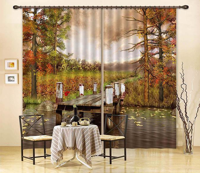 3D Lake Wood Bridge 103 Curtains Drapes Wallpaper AJ Wallpaper 