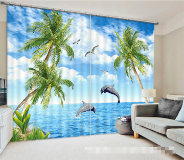 3D Sea Dolphins Trees 1350 Curtains Drapes Wallpaper AJ Wallpaper 